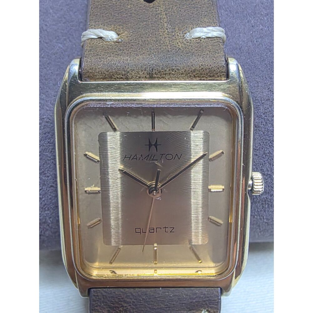 Vintage Hamilton Quartz Tank Watch 8282 Gold Tone Rectangular Dress Watch